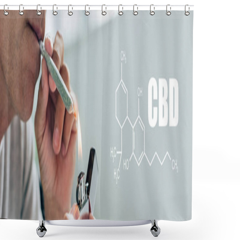 Personality  Cropped View Of Man Lighting Up Blunt With Medical Cannabis, Panoramic Shot With Cbd Molecule Illustration Shower Curtains