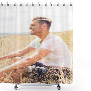 Personality  Side View Of Handsome Man In T-shirt Smiling And Looking Away  Shower Curtains