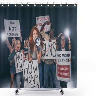 Personality  Redhead Girl Holding Placard With How Many More Lettering And Screaming In Megaphone Near Multicultural People On Black  Shower Curtains