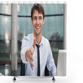 Personality  Happy Mature Business Man Offering A Welcoming Hand Shower Curtains