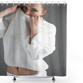 Personality  Sensual Young Woman Taking Off White Sweater And Looking At Camera On Grey   Shower Curtains