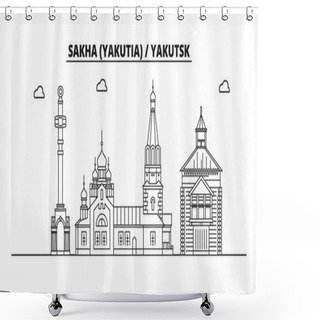 Personality  Russia, Sakha Yakutia , Yakutsk. City Skyline: Architecture, Buildings, Streets, Silhouette, Landscape, Panorama, Landmarks. Flat Design, Line Vector Illustration Concept. Isolated Icons Shower Curtains