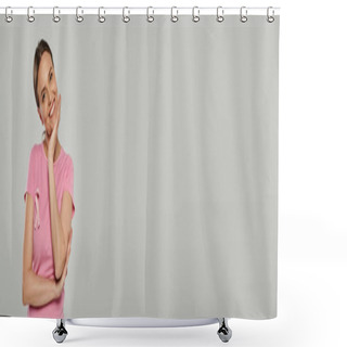 Personality  Happy Woman With Pink Ribbon On Grey Backdrop, Breast Cancer Awareness, Cancer Free, Smile, Banner Shower Curtains