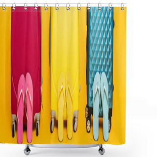 Personality  Yellow, Pink And Blue Travel Bags With Flip Flops Isolated On Yellow, Panoramic Shot Shower Curtains
