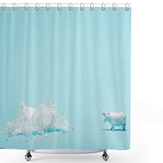 Personality  White Hippopotamus Toy And Plastic Garbage On Blue Background, Animal Welfare Concept Shower Curtains