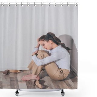 Personality  Sad Woman In White Blouse And Beige Pants Sitting On Floor Near Wall At Home, Grieving Disorder Concept Shower Curtains