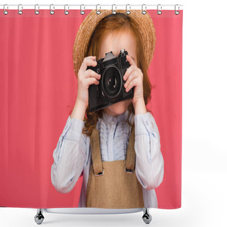Personality  Obscured View Of Child Holding Photo Camera Isolated On Pink Shower Curtains