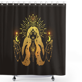 Personality  Fairy Girl With Space Hair Golden Color. Astrology Concept, Fortune Tellers, Predictions. Logo Vector Illustration. Witchcraft, Spirituality. Shower Curtains