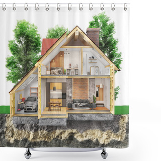 Personality  Sliced House  Among A Garden With Many Trees And Internal Content  In Front View. 3d Illustration  Shower Curtains