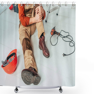 Personality  Cropped View Of Repairman Sitting On Floor And Holding Injured Knee In Office Shower Curtains