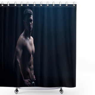 Personality  Sexy Muscular Bodybuilder With Bare Torso Posing With Hands On Hips Isolated On Black Shower Curtains