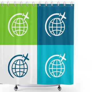 Personality  Airplane Flight In Circle Around Earth Flat Four Color Minimal Icon Set Shower Curtains