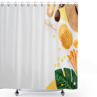 Personality  Wooden Block With June Inscription, Sunglasses, Straw Hat, Waffles, Green Leaf, Sunscreen, Lily Flower Isolated On White Shower Curtains