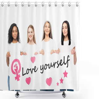 Personality  Smiling Multicultural Women Holding Poster With Love Yourself Lettering Isolated On White  Shower Curtains