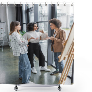 Personality  Multicultural Businesswomen Talking Near Blurred Board In Office  Shower Curtains
