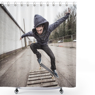 Personality  Skater Doing Ollie Over Wooden Crate Shower Curtains