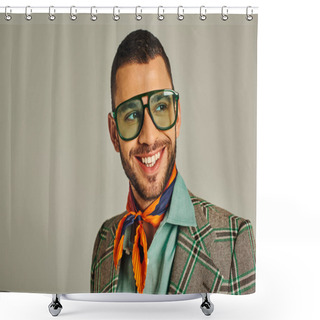 Personality  Happy Man In Plaid Jacket And Bright Neckerchief With Sunglasses Looking Away On Grey, Vintage Style Shower Curtains