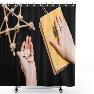 Personality  Top View Of Witch Holding Runes And Putting Hand On Aged Book Near Pentagram On Black Shower Curtains
