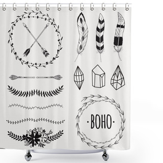 Personality  Vector Monochrome Ethnic Set With Arrows, Feathers, Crystals, Floral Frames, Borders. Modern Romantic Boho Style. Templates For Invitations, Scrapbooking. Hippie Design Elements. Shower Curtains