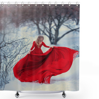 Personality  Mysterious Girl Runs, Spinning In A Red Dress, With A Very Long Train. Hair Is Flying In The Wind. Photo Without A Face, From The Back. Woman Escapes From Problems, Gaining Freedom. Background Winter Shower Curtains