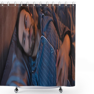 Personality  Young Man Suffering From Insomnia On Bed, Banner  Shower Curtains