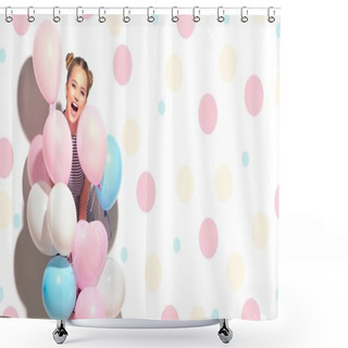Personality  Joyful Teenage Girl With Colorful Air Balloons Having Fun Over White Background With Dots Shower Curtains