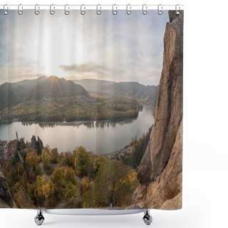 Personality  DUERNSTEIN CASTLE AND VILLAGE WITH DANUBE RIVER IN AUSTRIA Shower Curtains