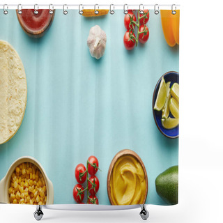 Personality  Top View Of Tortillas With Taco Ingredients On Blue Background Shower Curtains
