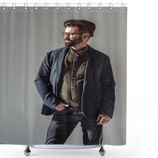 Personality  Handsome Bearded Man With Hand In Pocket Isolated On Grey Shower Curtains