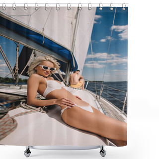 Personality  Attractive Young Woman In Bikini And Her Boyfriend Behind On Yacht  Shower Curtains