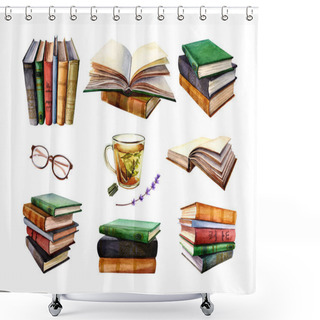 Personality  Set Of Watercolor Stack Of Books, Cup Of Tea, Glasses, Lavender. Elements Clipart Shower Curtains