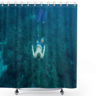 Personality  Underwater Photo Of Young Man In Flippers Diving In Ocean Alone Shower Curtains