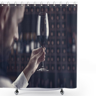 Personality  Close-up Shot Of Young Sommelier Tasting Red Wine In Cellar Shower Curtains