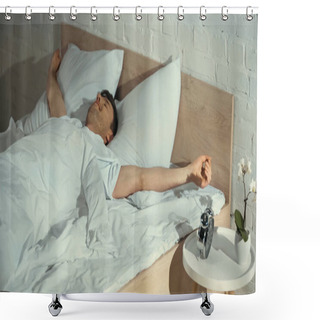 Personality  Awakened Man Smiling While Stretching In Bed Near Alarm Clock On Bedside Table Shower Curtains