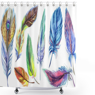Personality  Colorful Watercolor Feathers Isolated On White Illustration Set. Shower Curtains