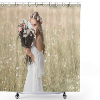 Personality  Beautiful Young Bride In Floral Wreath Holding Wedding Bouquet And Looking At Camera Outdoors  Shower Curtains