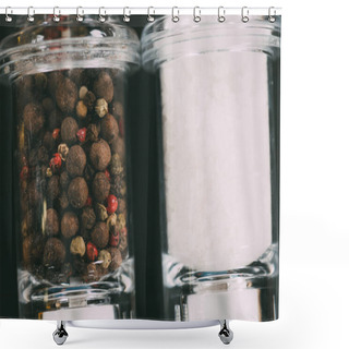 Personality  Close-up View Of Salt And Peppercorns In Glass Containers Shower Curtains