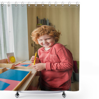 Personality  Cheerful, Redhead Boy Looking At Camera While Holding Color Pencil In Montessori School Shower Curtains