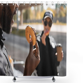 Personality  Close Up View Of African American Policeman With Open Mouth Holding Doughnut With Blurred Colleague On Background Outdoors Shower Curtains