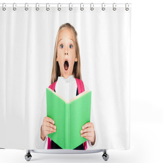 Personality  Shocked Schoolgirl Holding Book While Looking At Camera Isolated On White Shower Curtains