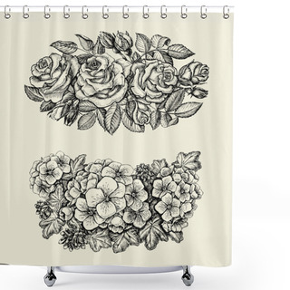 Personality  Flowers. Hand Drawn Sketch Flower, Roses, Geranium, Floral Pattern. Vector Illustration Shower Curtains