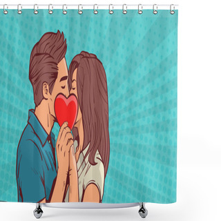 Personality  Young Couple Kissing Hollding Red Heart Shape Over Retro Pop Art Background With Copy Space Shower Curtains