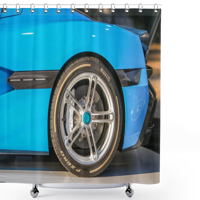 Personality   Zagreb, Croatia - 28 September, 2018 : Presentation Of Rimac New Electric Hypercar C Two Model On Strossmayer Square. View Of Pirelli P Zero Tires On Rear Wheel. Shower Curtains