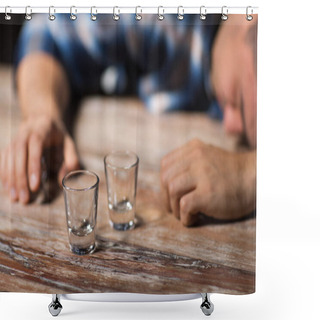 Personality  Drunk Man With Empty Glasses On Table At Night Shower Curtains