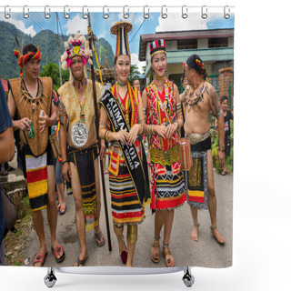 Personality  SARAWAK, MALAYSIA: JUNE 1, 2014: People Of The Bidayuh Tribe, An Indigenous Native People Of Borneo, In Traditional Costumes, Take Part In A Street Parade To Celebrate The Gawai Dayak Festival. Shower Curtains
