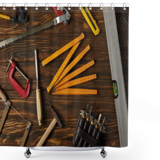Personality  Top View Of Different Tools On Brown Wooden Table Shower Curtains