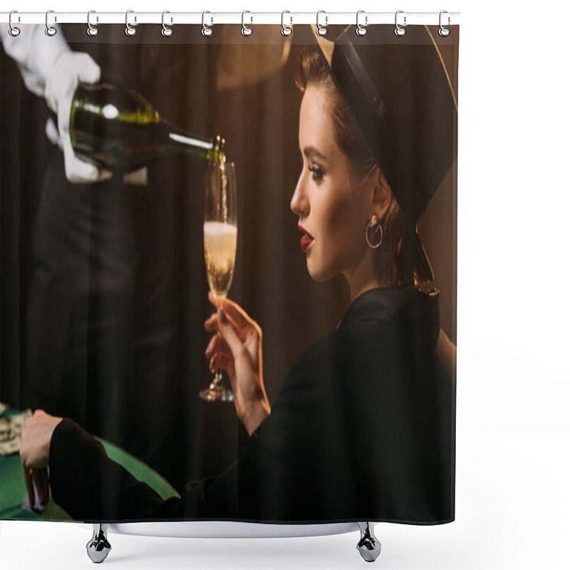 Personality  Side View Of Waiter Pouring Champagne In Glass Of Beautiful Girl In Jacket And Hat In Casino Shower Curtains