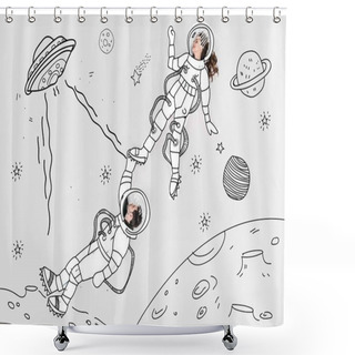 Personality  Creative Hand Drawn Collage With Couple In Space Suits And Ufo Shower Curtains