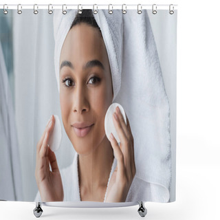 Personality  Smiling African American Woman In Towel Holding Cotton Pads In Bathroom  Shower Curtains