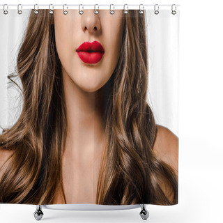 Personality  Girl With Long Brown Hair And Red Lips Isolated On White Shower Curtains